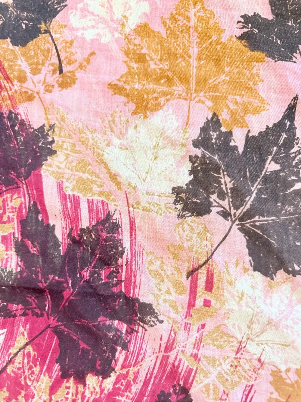 VTG Leaf Print large Square wool scarf 30.5 x 30.5 Pink Burgundy brown mustard